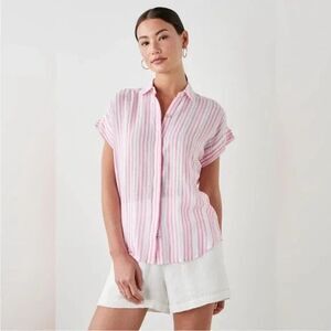 NWOT Rails Jamie Kokomo Stripe Linen Blend Short Sleeve Pink White Blouse Sz XL